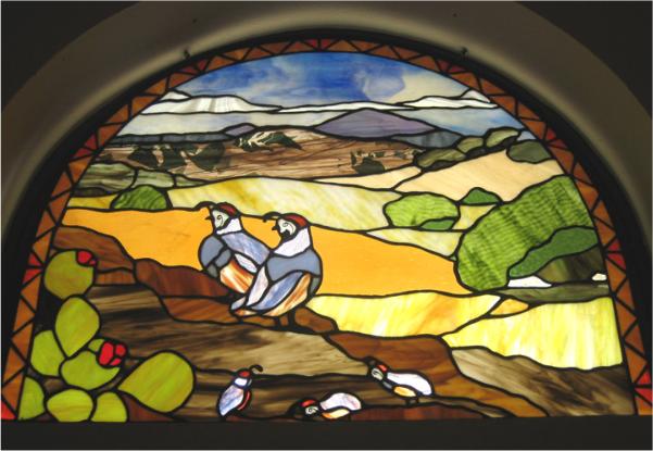 Quail Window Quail Landscape �Placitas Art Glass